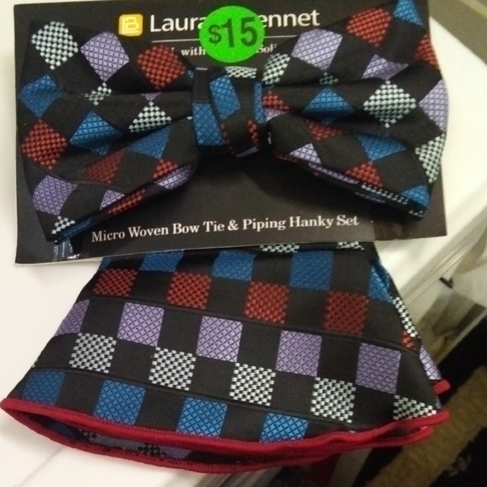 Checkered Bow Tie and Hanky Set - Black, Red, Blue